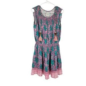 Alicia Bell Mini Tassel Dress Green Pink Silk Blend Floral Smocked Ruffles Sz M